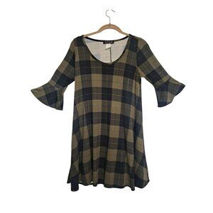 French Atmosphere Plaid Bell Sleeve Dress Womens L Black/Tan Checkered A Line